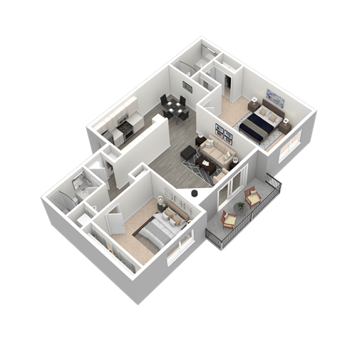 Renovated Style 2 Bedroom, 2 Bathroom 3D Floor Plan